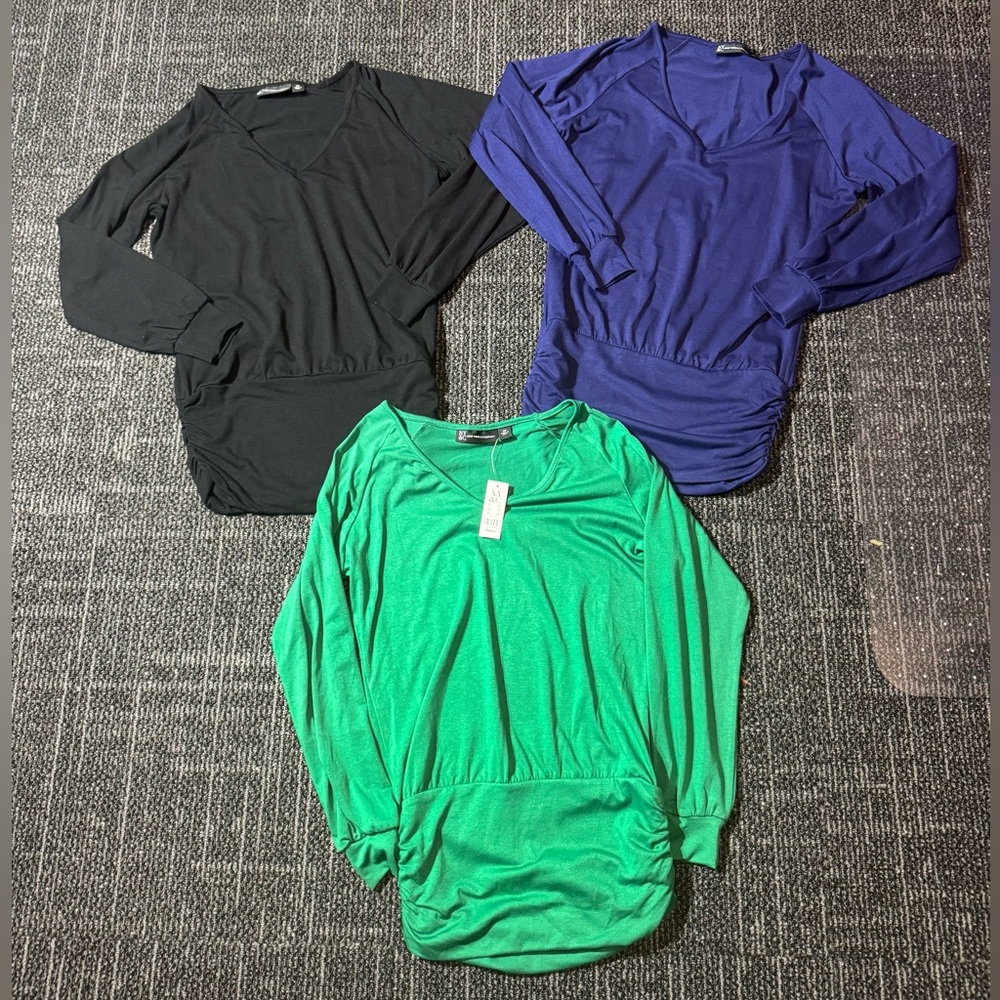 New York & Company V-Neck Banded-Hem Top 3 Pack Black, Blue, Green Like New/NWT